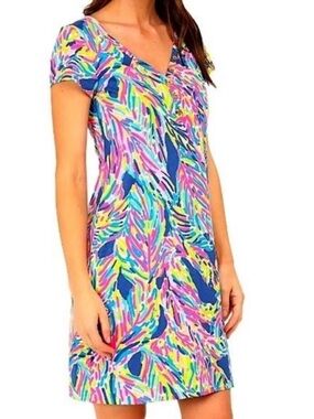 Lilly Pulitzer Palmira V-Neck T-Shirt Dress Indigo Palm Reader Print Size XS